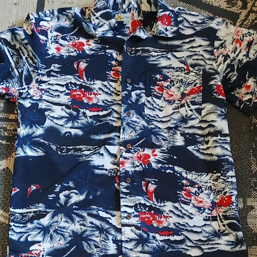 Navy Blue Hawaiian Shirt Sz Med
